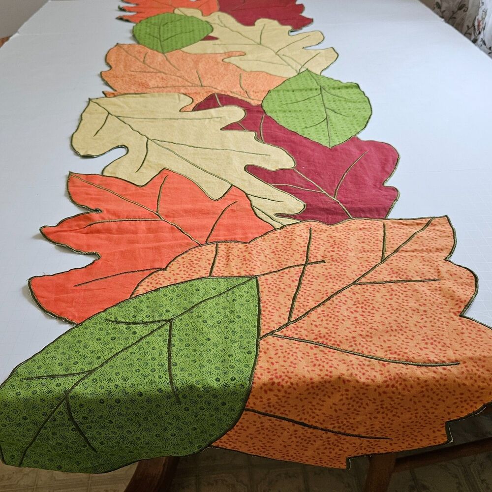 Current Autumn Inspired Table Runner Orange Green Yellow Leaf Shaped 51x17"